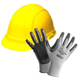 Casque de sécurité jaune et paire de gants avec paume enduite de nitrile gris